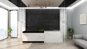 3d render luxury office reception or front desk interior design for logo mockup photo