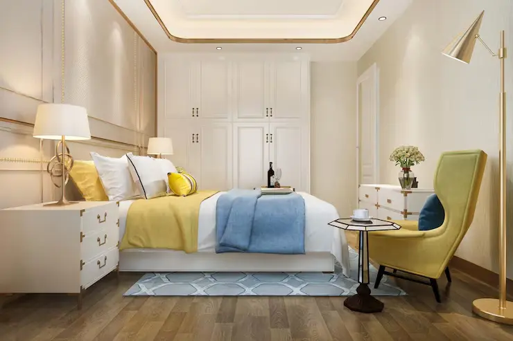 3d rendering beautiful luxury yellow bedroom suite hotel with tv couch 105762 2269