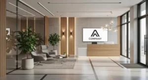 modern office lobby with wooden flooring and modern furniture photo